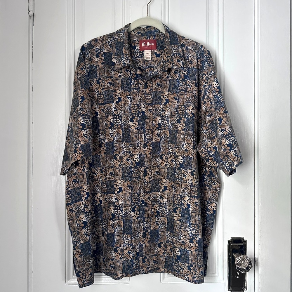 Pau Hana Hawaii Shirt XXL Blue Tan Tropical Aloha Button Up Camp Vintage Style